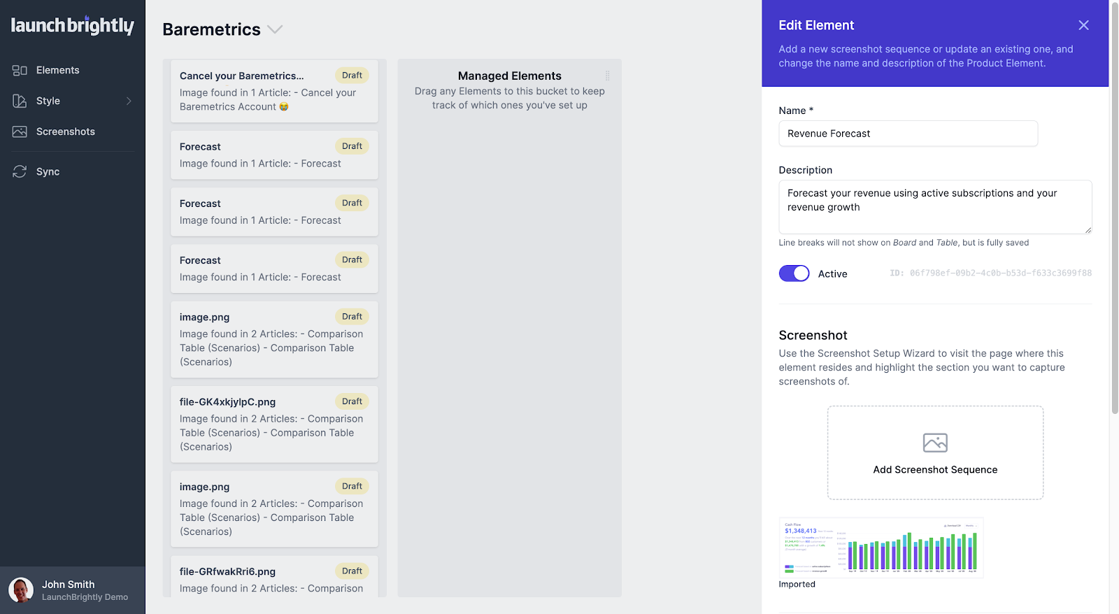 Update the name and description of the Product Element, and click the toggle to set it to Active.