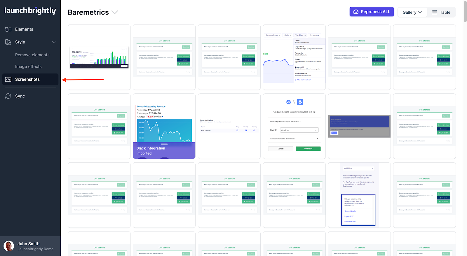 From the Screenshots page in your LaunchBrightly console you can see screenshots of all the Product Elements…