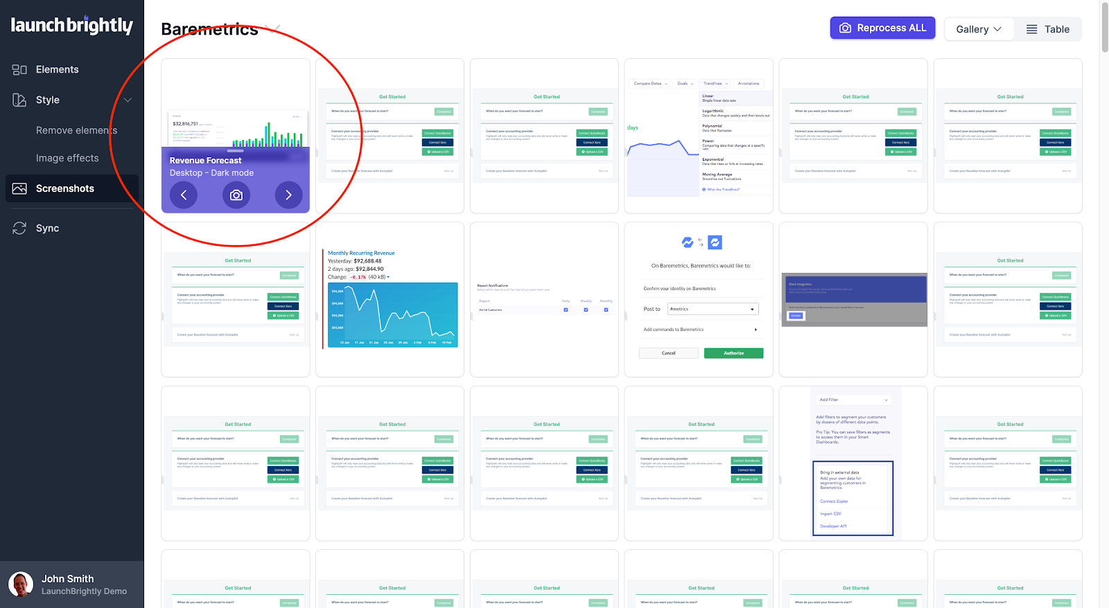 For each of your Product Elements you will be able to see the different screenshot modes you have set up (e.g.…