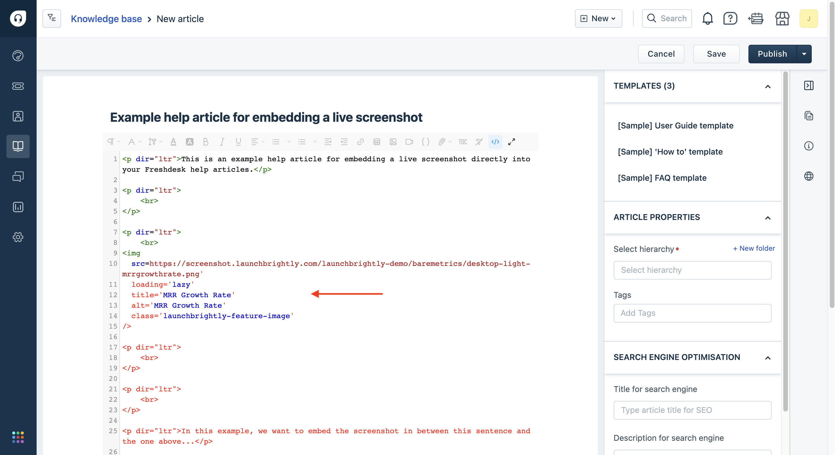 Paste embed code into code view freshdesk