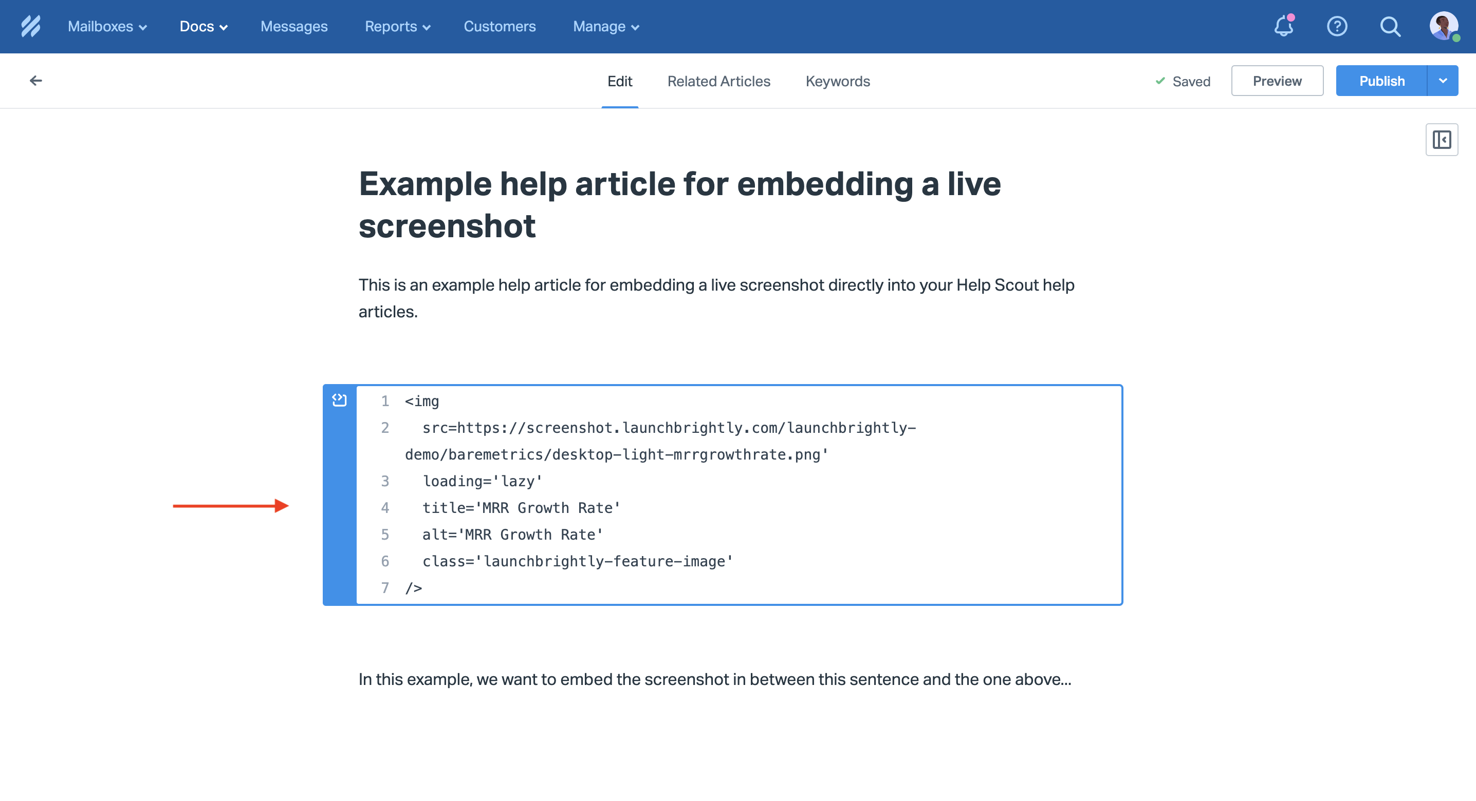 Paste embed code in help scout