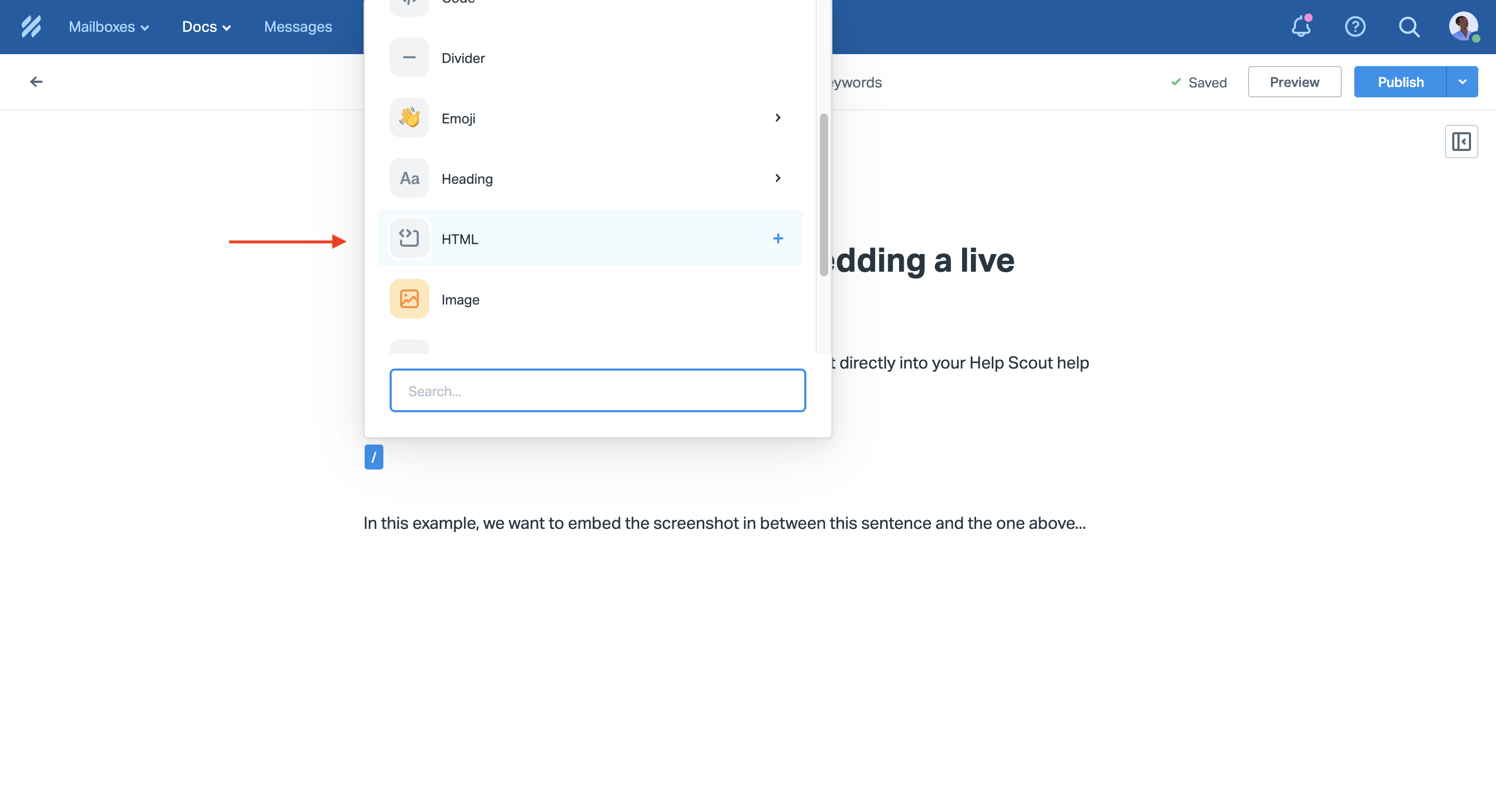 Select html from the dropdown menu