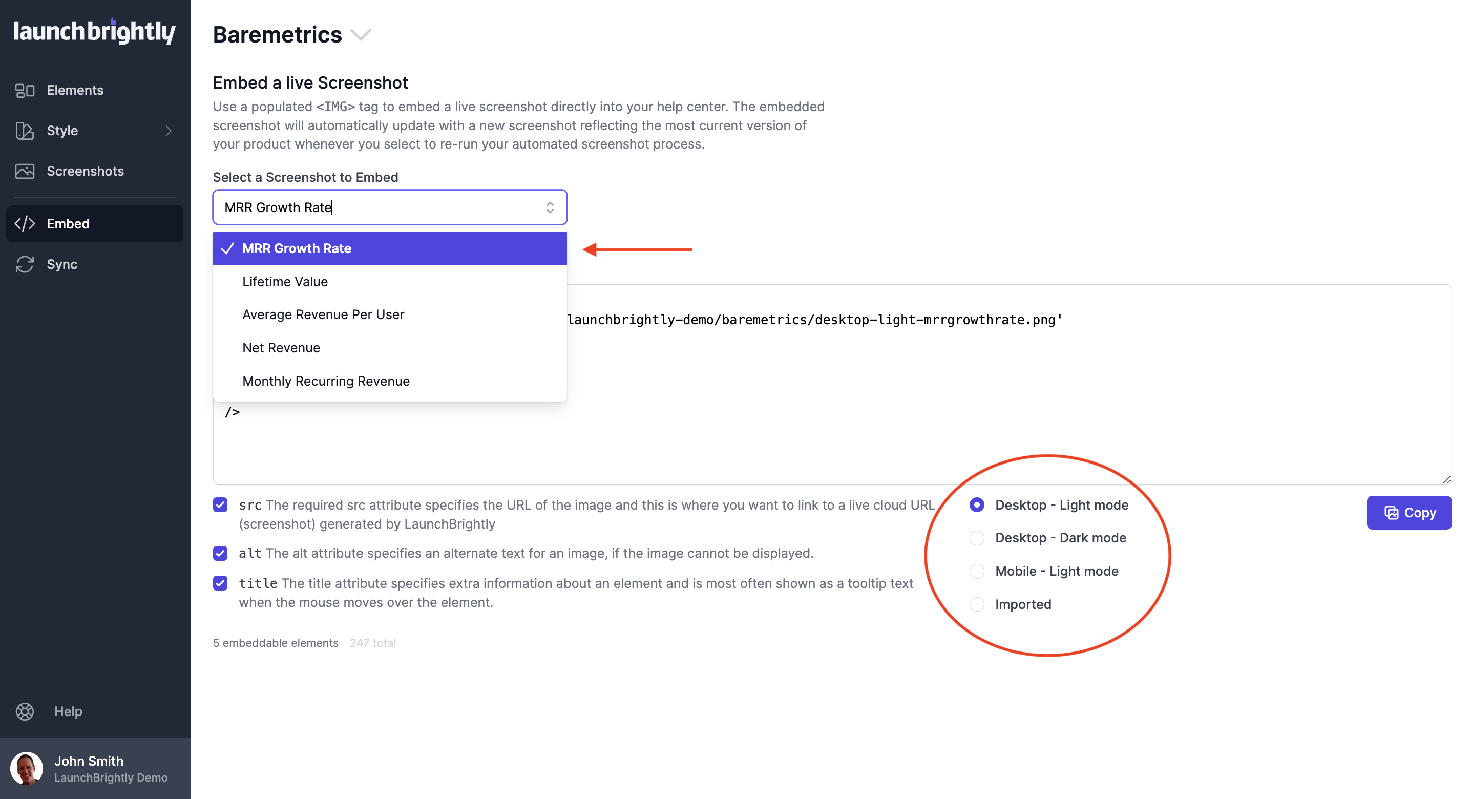 Select screenshot to embed from dropdown