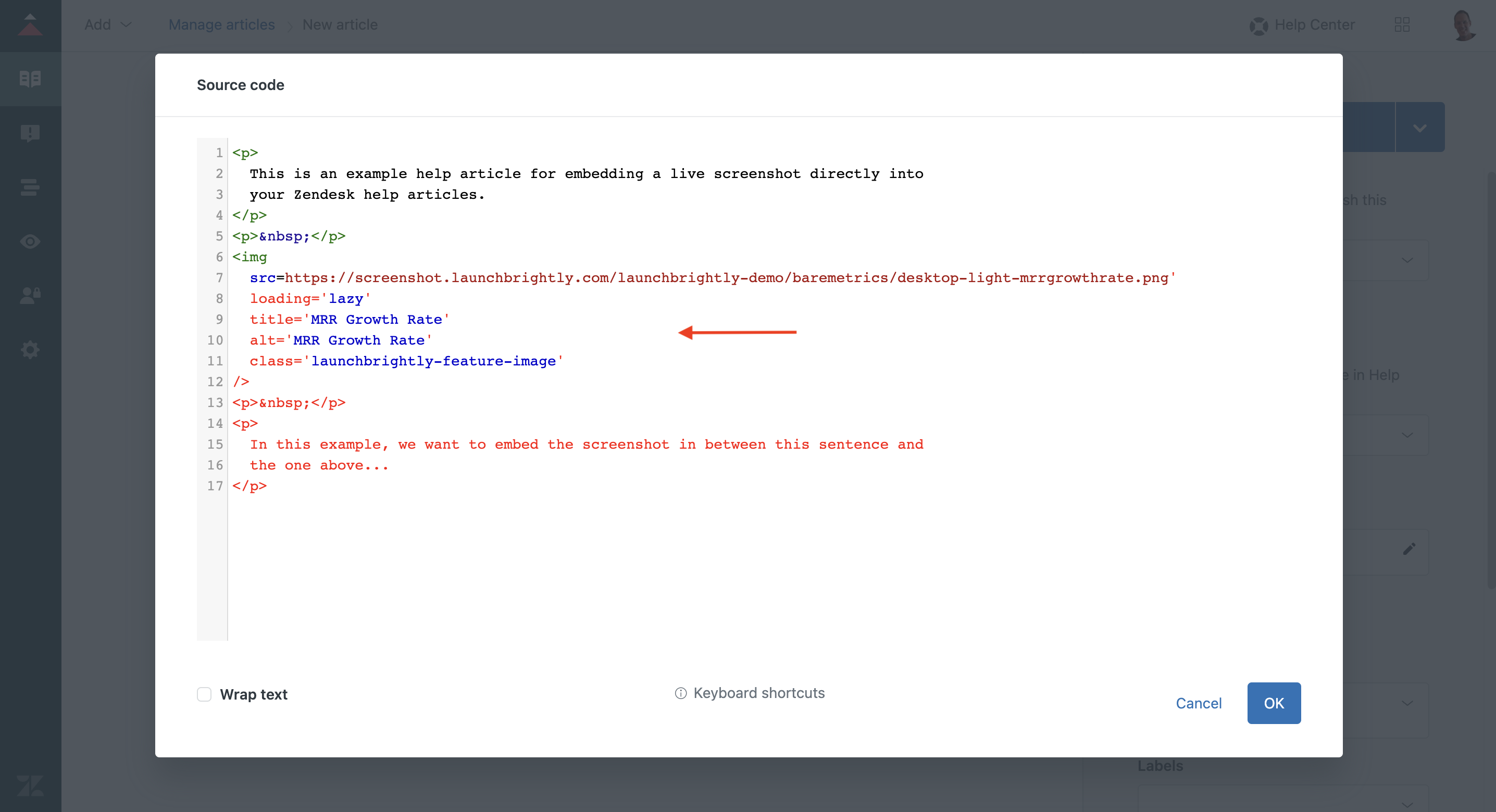 Copy paste embed code into zendesk article