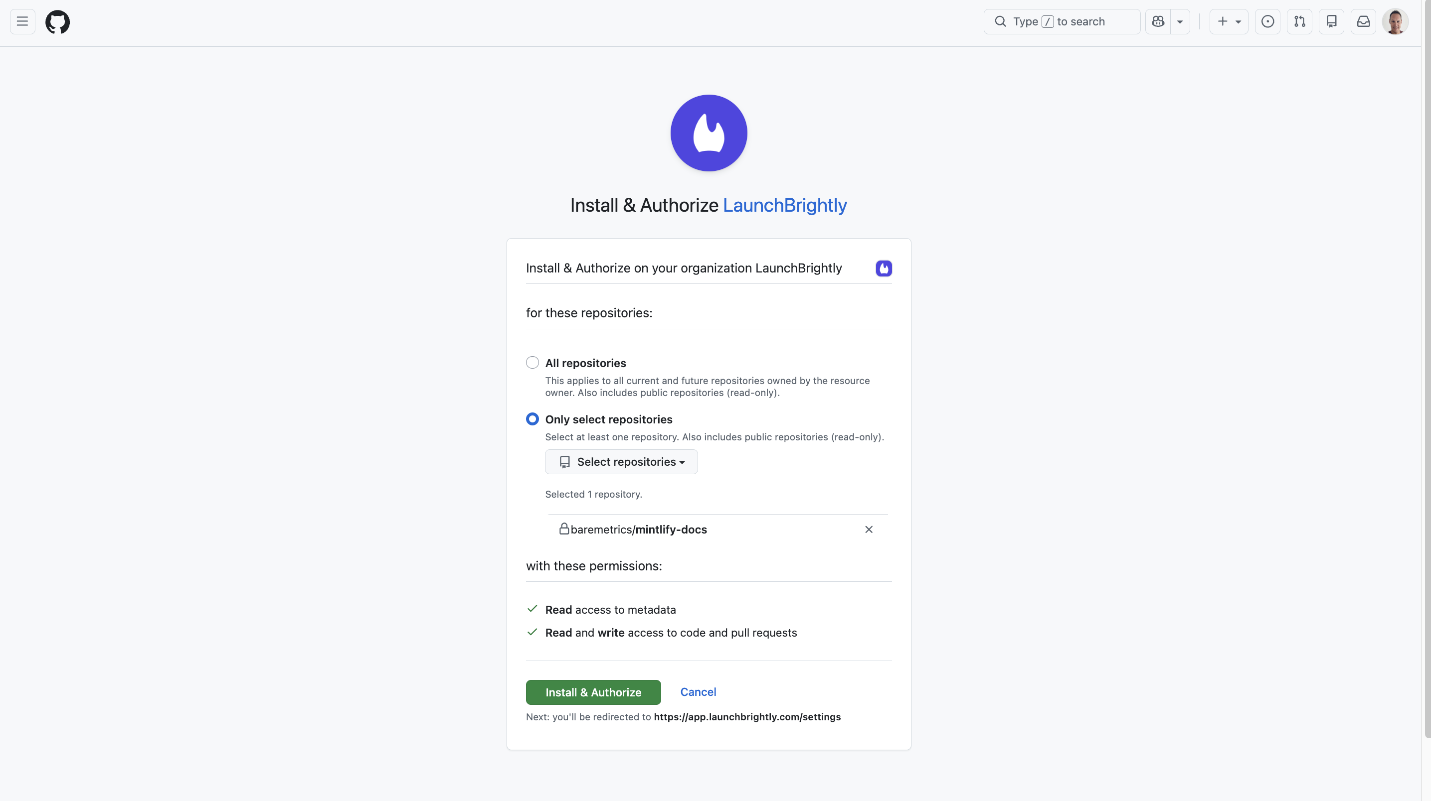 Launchbrightly github app install and authorize