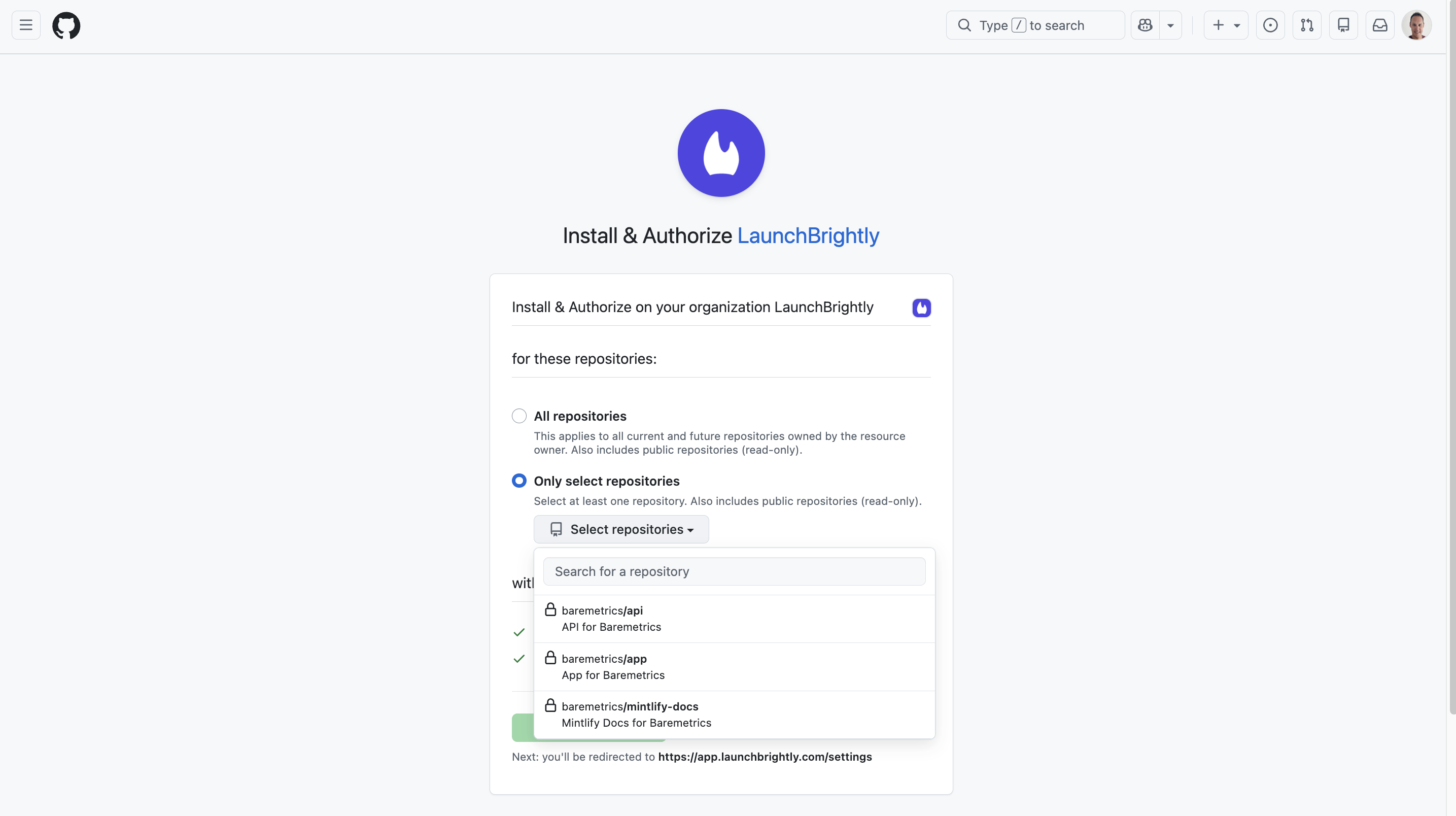 Launchbrightly select repo for docs
