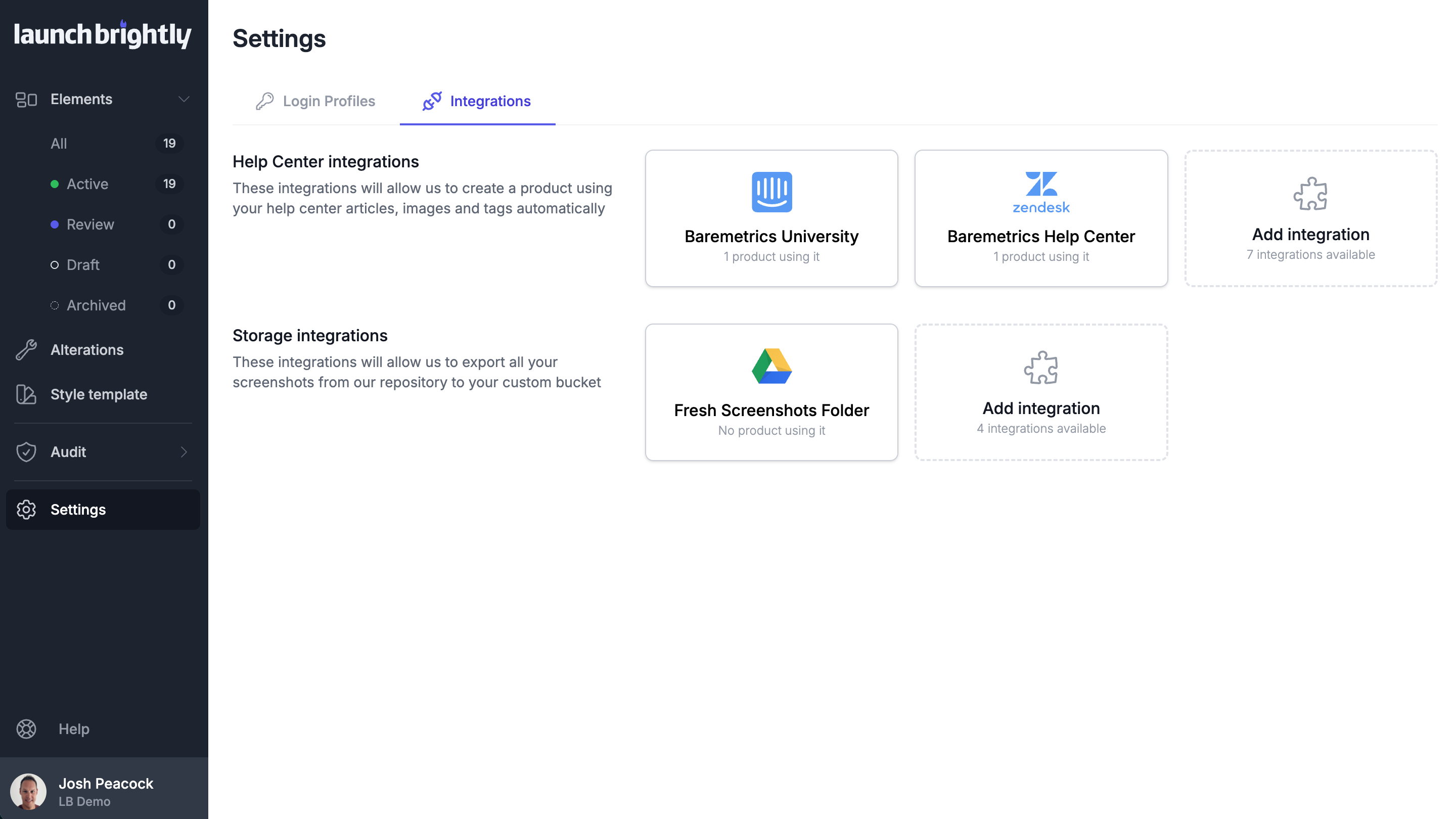 Launchbrightly settings integrations page