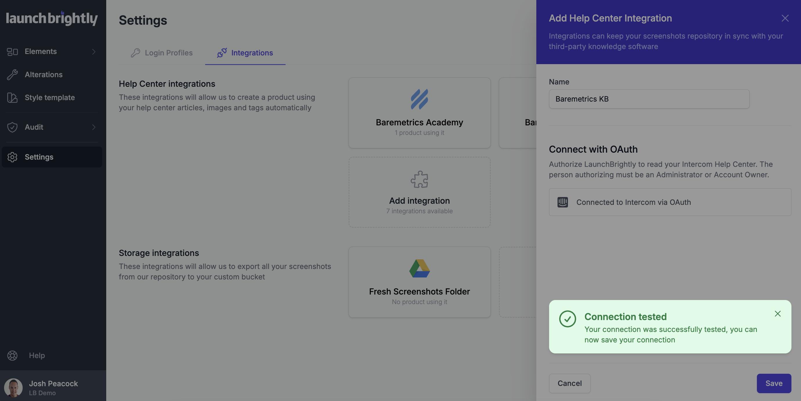 Launchbrightly intercom oauth test connection