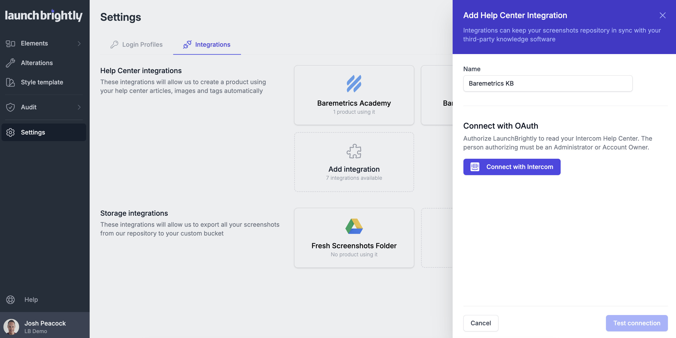 Launchbrightly select connect with intercom oauth