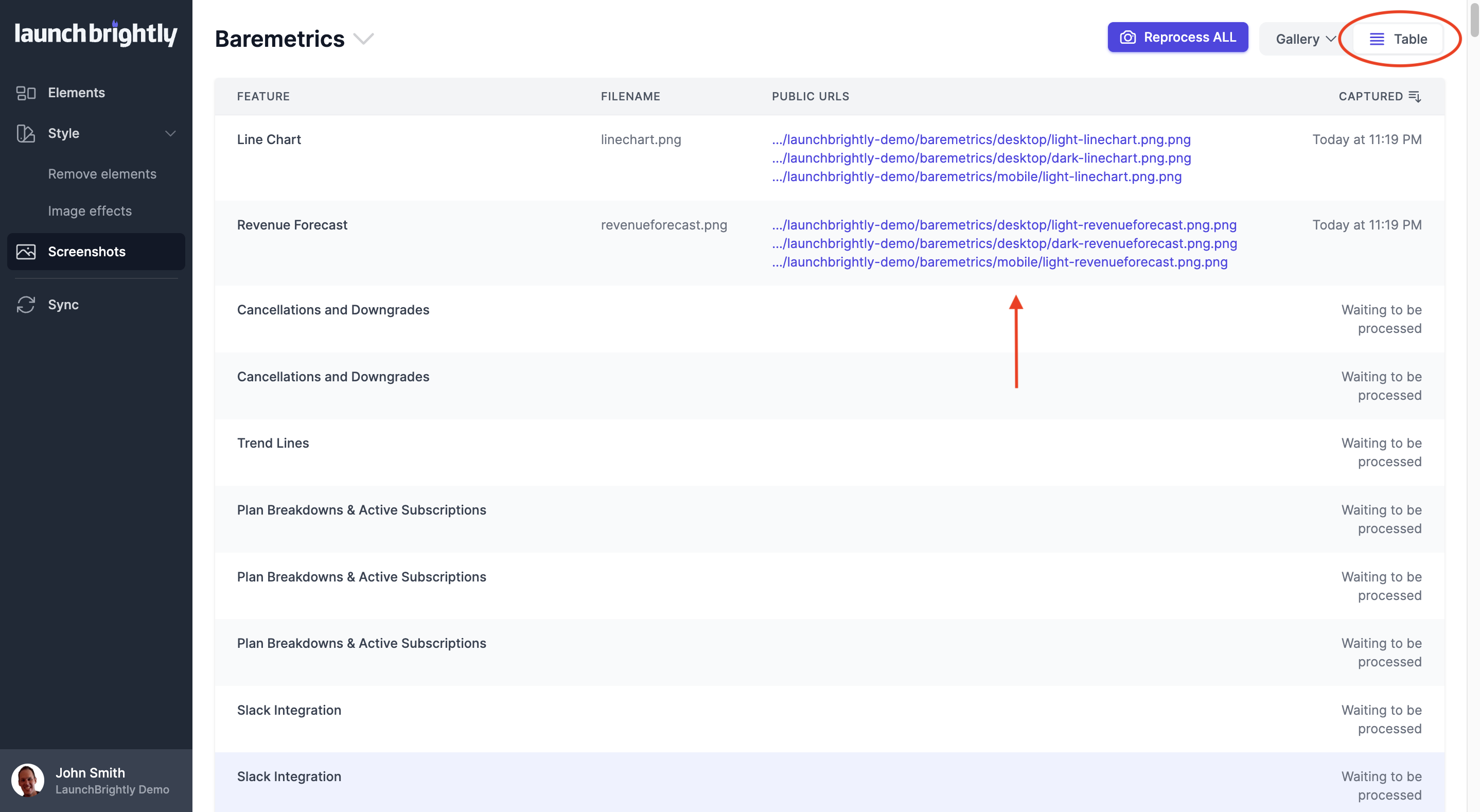Screenshots table view