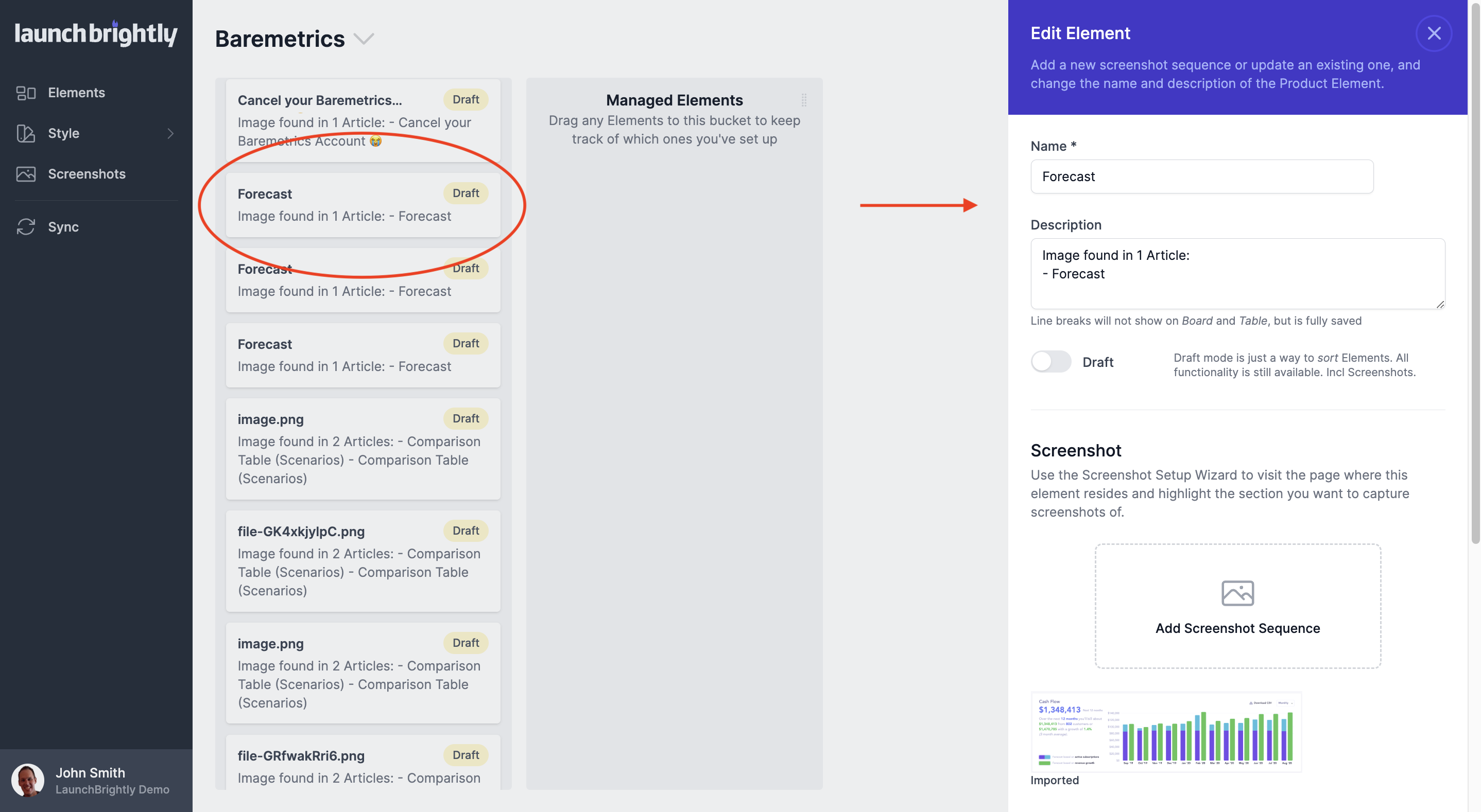 Select imported element and edit details
