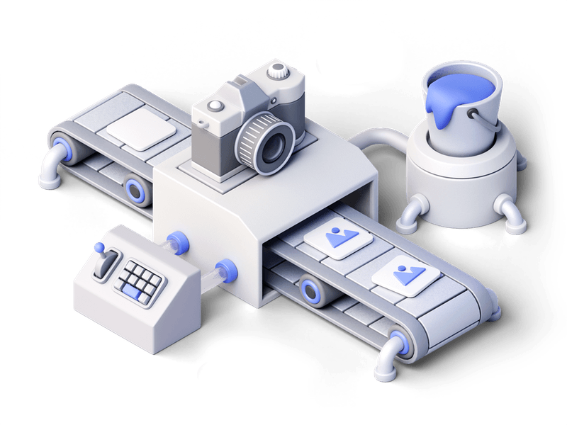 A camera on a conveyor belt turning product screens into finished screenshots